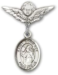 Sterling Silver Baby Badge with St. Boniface Charm and Angel with Wings Badge Pin