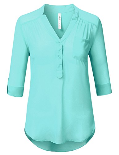 NINEXIS Women's Henley Buttoned Blouse with Flap Pockets (S-3XL / 22 Colors)