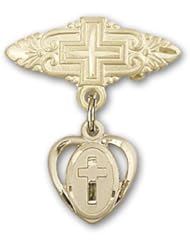 Gold Filled Baby Badge with Cross Charm and Badge Pin with Cross