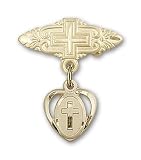 14kt Gold Baby Badge with Cross Charm and Badge Pin with Cross