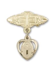 14K Gold Baby Badge with Cross Charm and Badge Pin with Cross