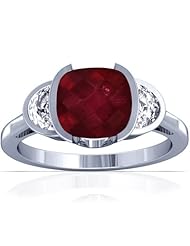 14K White Gold Cushion Cut Ruby Three Stone Ring