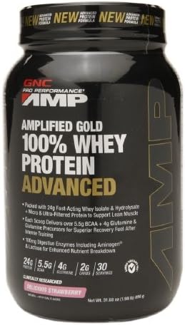 GNC Pro Performance AMP Amplified Gold 100% Whey Protein Advanced, Delicious Strawberry 31.68 oz (Pack of 4)