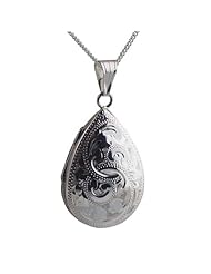 British Jewellery Workshops Silver 30x20mm engraved tear drop Locket with Curb chain