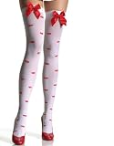 Lycra Opaque Thigh Hi With Lips All Over And Satin Bow Top (White/Red;One Size)