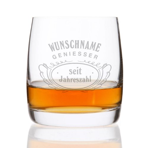 Privatglas Whiskeyglas (Bohemia) - Motiv: Geniesser - mit kostenloser Gravur des Vor & Nachnamens + Geburtsjahr