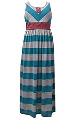 Girls Polyester/Rayon/Knit Striped Print Sleeveless Tank Slit Banding Maxi Dress 