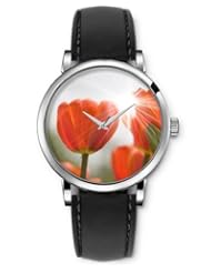 SPRAWL Aanalog Fashion Series Silver Ladies Watches of Genuine Black Leather Strap,Unique Wrist Watch for Women Girls Designed with orange tulips