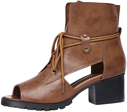 WUXING Women's Fashion Spring Summer Peep Lace Chunky Mid Heels Boots(7.5 B(M)US, khaki)