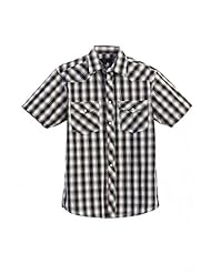 Apparel: Studio 10 Mens Casual Western Plaid Checked Pearl Snap Short Sleeve Shirt, Black / White : Medium