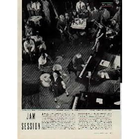 JAM SESSION: A jam session is an informal gathering of temperamentally congenial jazz musicians who play unrehearsed and unscored music for their own enjoyment. Recently such a session took place in the New York studio of LIFE photographer Gjon Mili. From shortly before 2 p.m. until after 4 a.m. some of the most distinguished talents in jazz performed for an audience which, derived an alert, almost frenzied enjoyment from what they heard. Musicians include Lee Wiley, Jess Stacy, "Cozy" Cole, Sid Weiss, "Duke" Ellington, Pearl Primus, Mary Lou Williams, Teddy Wilson, Lou McGarity, Sidney Catlett, Bobby Hackett, Jody Simons, Billie Holiday, Irving Fazola, James P. Johnson, Wilbur De Paris, Franz Jackson, Josh White, Al Mott, Chelsea Quealey, Eddie Condon, and Milfred "Miff" Mole. ..... 1943 LIFE Magazine Article, A4993A.
