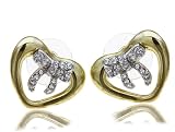 Beautiful Designer Style 2 Tone Heart and bling crystal bow Stud Post Earrings with disc and barrel backs