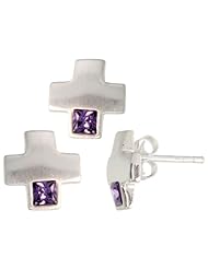 Sterling Silver Matte-finish Greek Cross Earrings (10mm tall) & Pendant Slide (10mm tall) Set, w/ Princess Cut Amethyst-colored CZ Stones