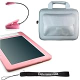 Amazon Kindle DX Combo: Pink Silicon Skin With Gray Silver Kroo Cube Travel Carrying Pouch Case with Side Pocket + Includes a 4-Inch Determination Hand Strap Strap and a Pink 2LED UltraFlex E-Reader Mighty Light