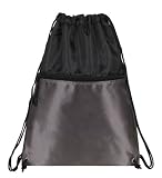 Drawstring Backpack Bookpack Bag, with Zipper Pocket, Black with Gray