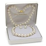 14K Yellow Gold 8-9mm White Freshwater Pearl Necklace 18" and Stud Earring Jewelry Set.