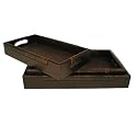 Set of 3 Rectangle Dark Wood Rattan Trays
