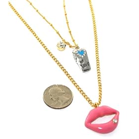 Super Sexy Pink Lips & Whistle Double Layered Charm Necklace with Crystals Gold Tone ~ LONG CHAIN