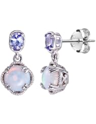 Sterling Silver Created Opal and Tanzanite Drop Earrings
