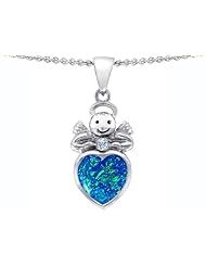 Original Star K (tm) Love Angel Pendant with 10mm Created Blue Opal Heart in 925 Sterling Silver