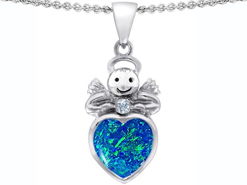 5.01 cttw 14k White Gold Plated 925 Silver Love Angel Pendant with 10mm Created Blue Opal Heart and Genuine Diamond