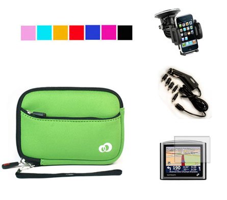 Durable Carry Case for Magellan RoadMate 1420 4350 1412 1430 4370 2036 widescreen 4.3 inch GPS + Screen Protector + Multi Adapter GPS Car Charger + Vehicle Mount with Adjustable Arm Locks (Green)