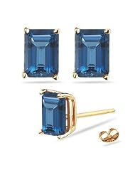 2.95 Cts of 8x6 mm AAA Emerald-Cut London Blue Topaz Stud Earrings in 14K Yellow Gold