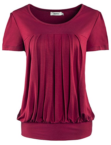 Bepei Women Tops Scoop Neck Short-Sleeves Front Pleated Tunic
