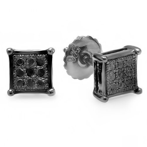 Sterling Silver Real Diamond Black Rhodium Plated Square Shaped Mens Hip Hop Iced Blackout Stud Earrings 1/10 CT (0.10 Carat, Black Color, Opaque Clarity)