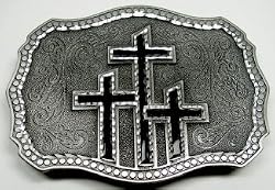 Three Crosses Black Enamel Pewter Buckle, Religious Buckles