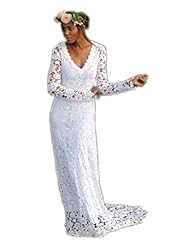 V-neck Long Sleeves Sheath 2015 Lace Pleated  Wedding Dress  with a Brush/Sweep Train  With Ruffles