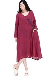 V-neck Linen Long Sleeves  Dress