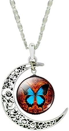 New Vintage Sterling Silver Jewelry Fashion Moon Butterfly Collares for Women Romantic Glass Cabochon Statement Pendant Necklace