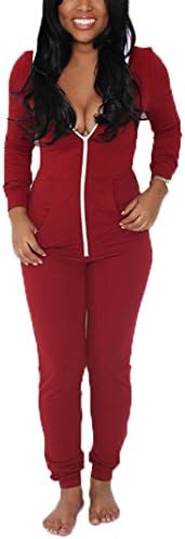 Women Unisex Plain colored pullover with zipper front Cuff Ladies Jumpsuit jumpsuit Red S