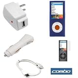 USB Data Cable + USB Car Charger + USB Home Travel Charger + Dark Blue Rubber Silicone Skin Case + Clear Reusable LCD Screen Protector for Apple Ipod Nano Chromatic 8GB 16GB 4G 4th Generation