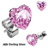 Pair of .925 Sterling Silver Stud Earring w/Pink Heart Shaped CZ