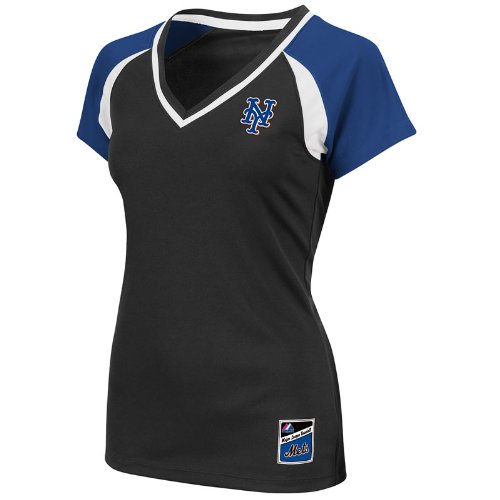 MLB New York Mets Women's Short Sleeve Raglan Deep V-Neck Synthetic Tee (Black/Deep Royal/White, Xx-Large)