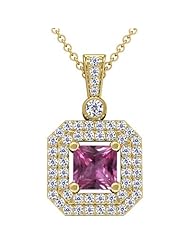 18K Yellow Gold Princess Cut Pink Sapphire And Round Diamond Pendant