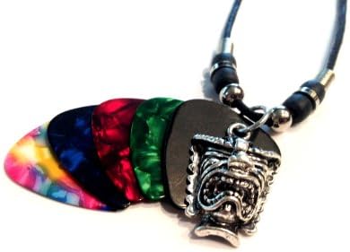 18" Guitar Pick and Tiki Head Pendant Necklace