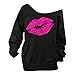 AJ FASHION Women's Sexy Pullover Lips Print Casual Off the Shoulder Slouchy Shirt