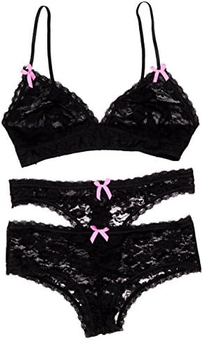 Caramel Cantina Lace Bralette w/ Matching Lace Hipster and Thong Panty 3-Pack (34B-Medium, Black/Pink Bow Accents)