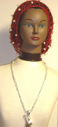 Click here to buy Hand Crocheted Red Rayon Cotton Gimp Large Snood Trimmed with Ivory Pearls for Women Offered in....