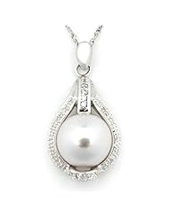 Sterling Silver Textured Diamond Tear-Drop Pendant with White Freshwater Pearl Center in Gift Box