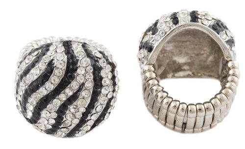 Silvertone with Black & Clear Iced Out Zebra Print Round Stretch Ring