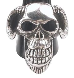 Goat Skull Man Head Big Teeth Horns Pewter Ring