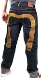 EVISU Jeans Genes Mens Straight Leg Button Fly Selvedge Denim Pants Classic Blue/Yellow
