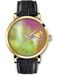 SPRAWL Aanalog Fashion Series Gold Ladies Watches of Genuine Black Leather Strap,Unique Wrist Watch for Women Girls Designed with Floral pattern in blurred background