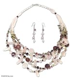 Pearl and rose quartz jewelry set, 'Rosy Rain' 2.0' W 20.1' L