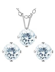 2.25 Ct 6mm Round Sky Blue Aquamarine 925 Sterling Silver Pendant Earrings Set