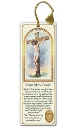 Religious Tassel Bookmark - Crucifixion - Laminated with Gold Foil Embossed Medal Design - Appropriate Prayer Included